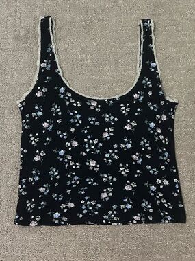 Hollister Black Floral Scoop Tank with Lace Trim